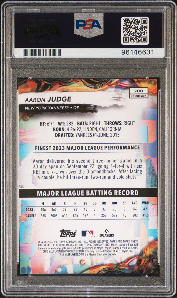 Graded 2024 Topps Finest Aaron Judge #200 Purple Refractor /200 Baseball Card PSA 10 Gem Mint