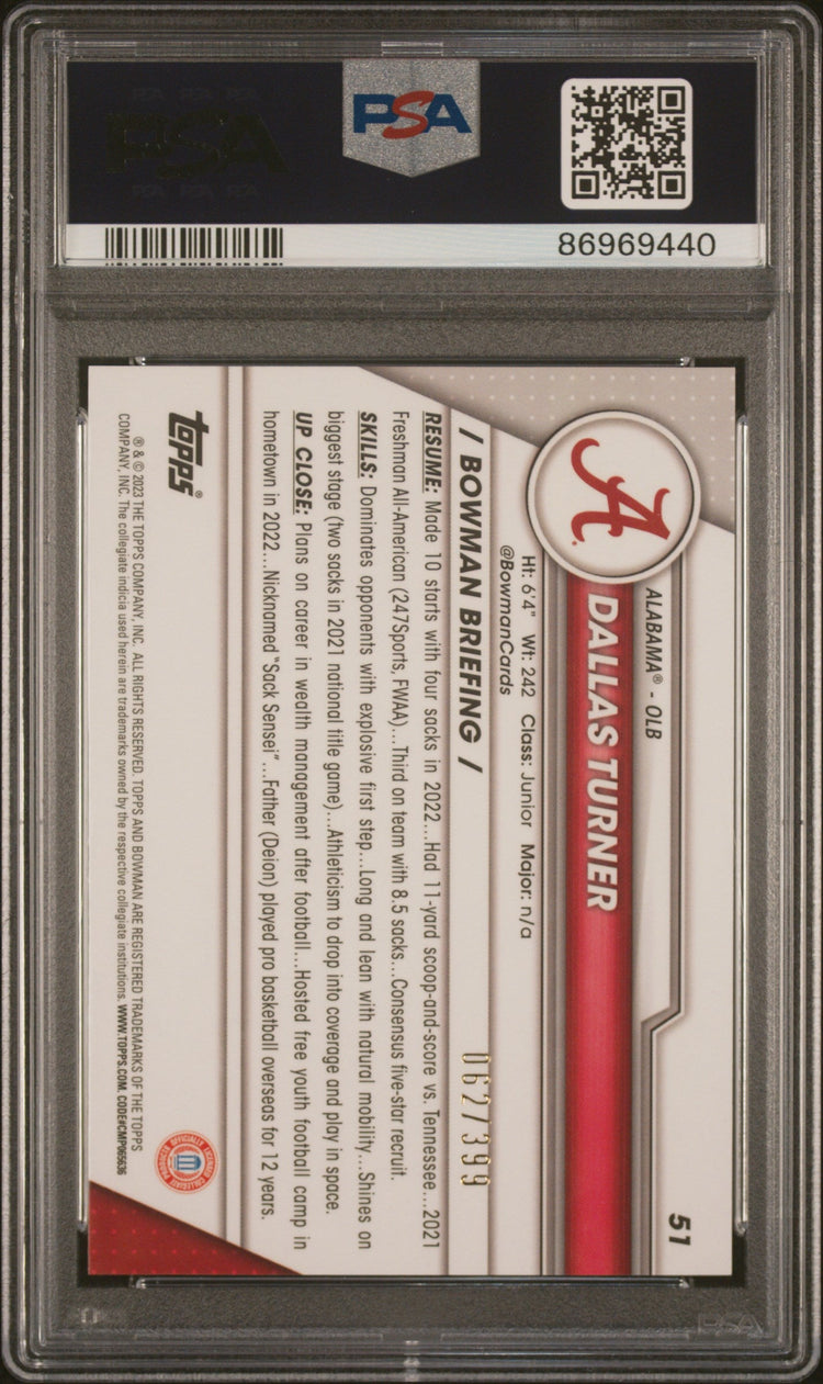 Graded 2023 Topps Bowman U Chrome Dallas Turner #51 Purple #/399 Rookie RC Football Card PSA 10