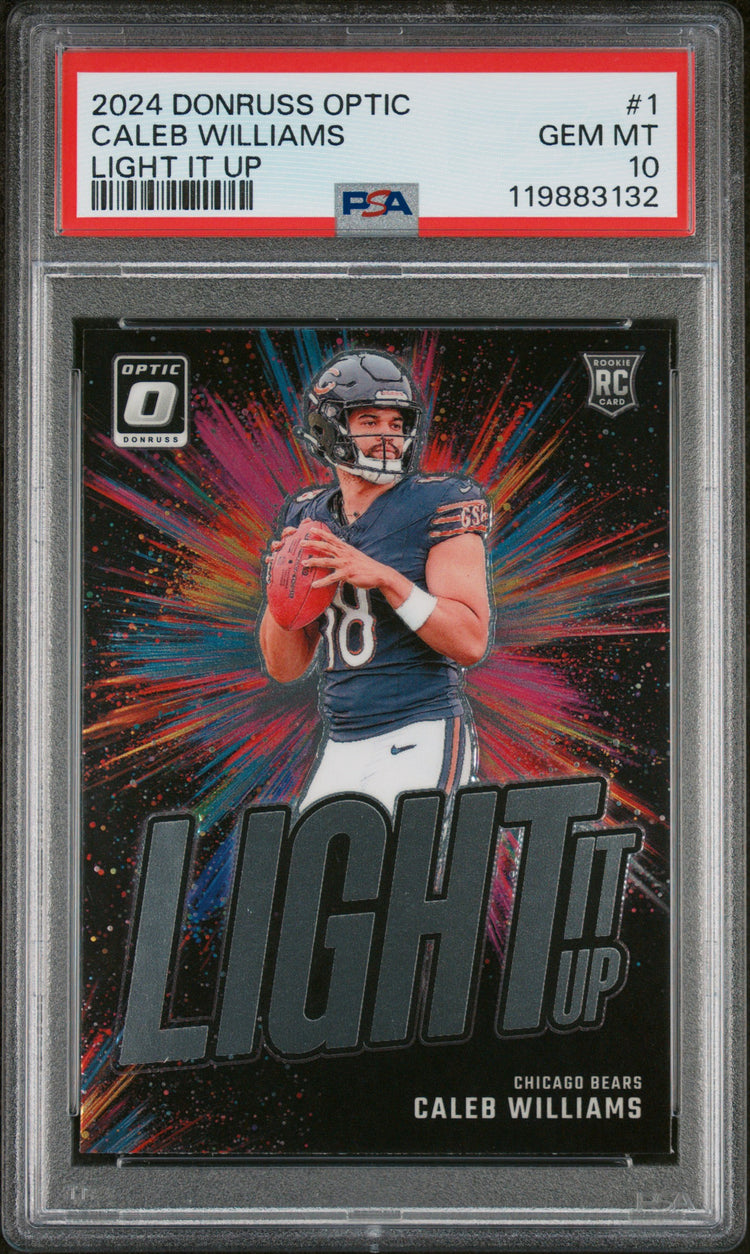Graded 2024 Panini Donruss Optic Caleb Williams #1 Light It Up Rookie RC Football Card PSA 10 Gem Mint