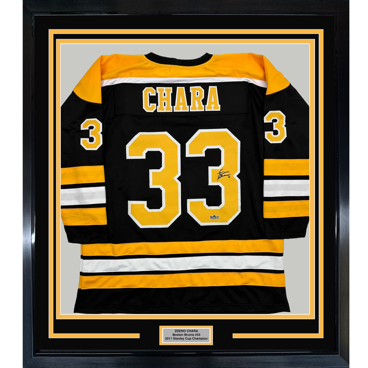 Framed Facsimile Autographed Zdeno Chara 35x39 Boston Black Reprint Laser Auto Hockey Jersey