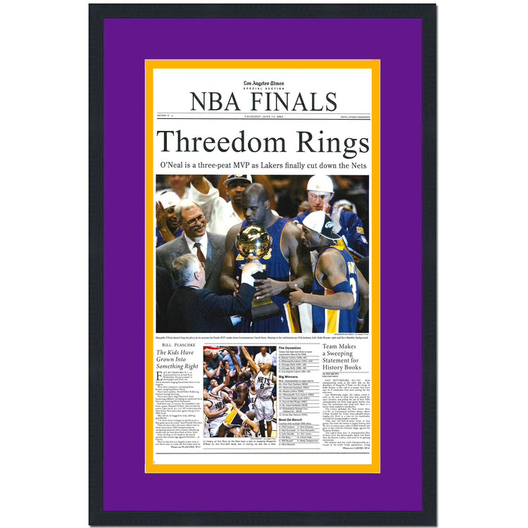 Framed Los Angeles LA Times Lakers Threedom Rings 2002 NBA Finals Champions 14x22 Basketball Newspaper Cover Photo Professionally Matted