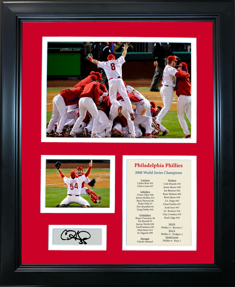 Framed Philadelphia Phillies 2008 World Series Champions Facsimile Laser Engraved Cole Hamels MVP Signature Auto 11"x14" Baseball Photo Sig Collage