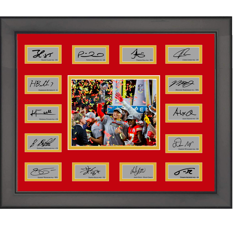Framed 2019 Kansas City Chiefs NFL Super Bowl Champions Team Facsimile Laser Engraved Signature Auto Collage 20x25 Football Photo