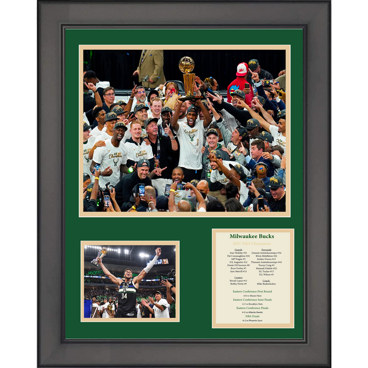 Framed Milwaukee Bucks 2021 NBA Finals Champions Giannis Antetokounmpo MVP Basketball 11"x14" Three Photo Collage