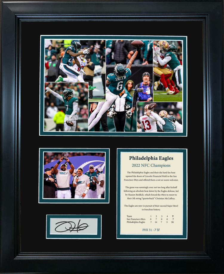 Framed 2022 Philadelphia Eagles NFC Champions Jalen Hurts Facsimile Laser Engraved Signature Auto Football 11"x14"Photo Sig Collage