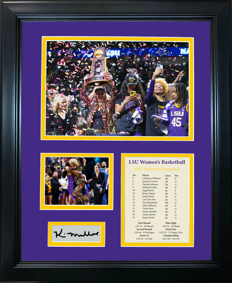 Framed LSU Tigers 2023 Women's NCAA National Champions Kim Mulkey Facsimile Laser Engraved Signature Auto 11"x14" College Basketball Photo Sig Collage