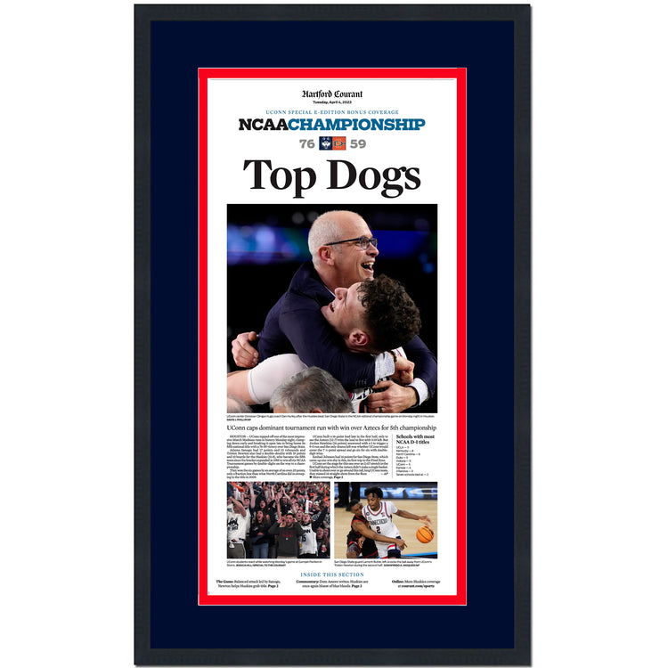 Framed Hartford Courant UConn Huskies Top Dogs 2023 NCAA National Champions 14x24 Newspaper Cover Photo Professionally Matted