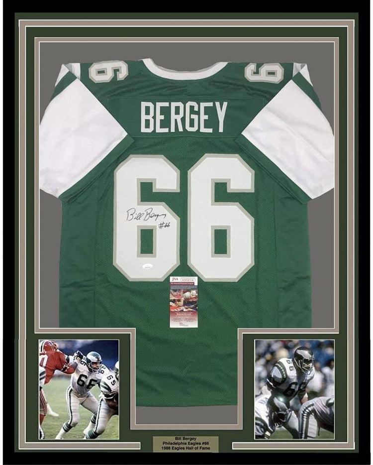 Framed Autographed/Signed Bill Bergey 35x39 Philadelphia Green Football Jersey JSA COA