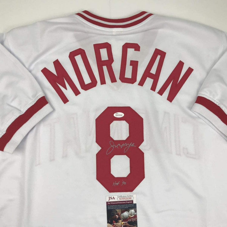 Autographed/Signed Joe Morgan HOF 90 Cincinnati White Baseball Jersey JSA COA