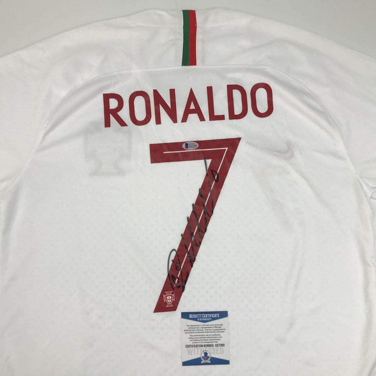Autographed/Signed Cristiano Ronaldo Portugal White World Cup Soccer Futbol Jersey Beckett BAS COA