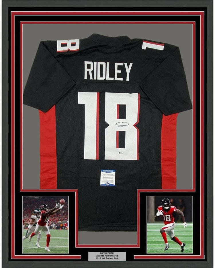 Framed Autographed/Signed Calvin Ridley 35x39 Atlanta Black Football Jersey Beckett BAS COA