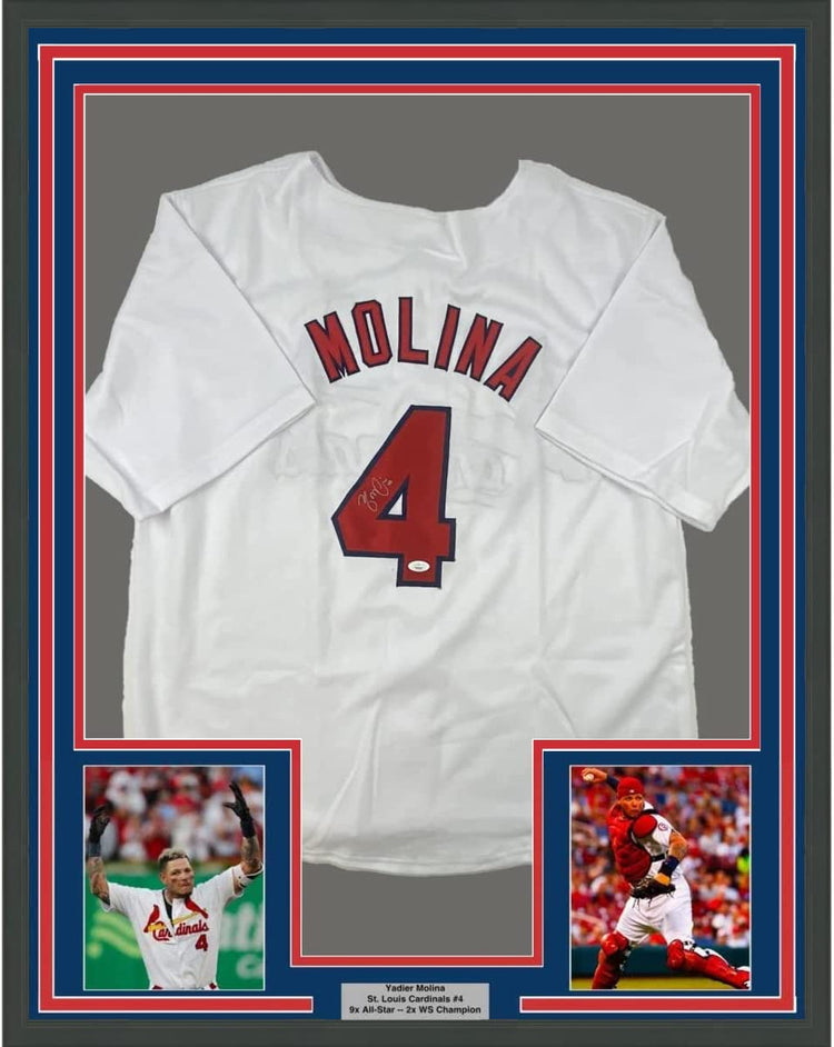 Framed Autographed/Signed Yadier Molina 35x39 St. Louis White Baseball Jersey JSA COA Holo Only