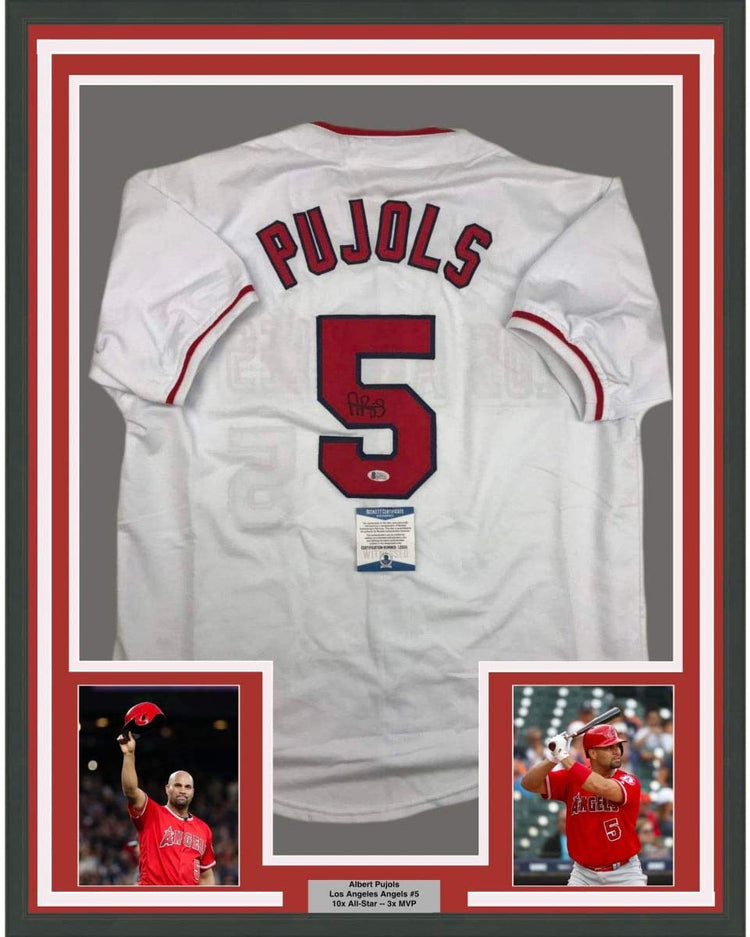 Framed Autographed/Signed Albert Pujols 35x39 Los Angeles White Baseball Jersey Beckett BAS COA