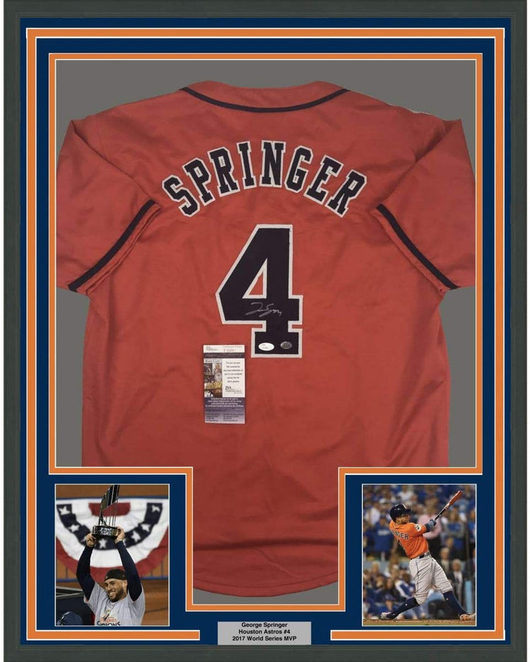 Framed Autographed/Signed George Springer 35x39 Houston Orange Baseball Jersey JSA COA