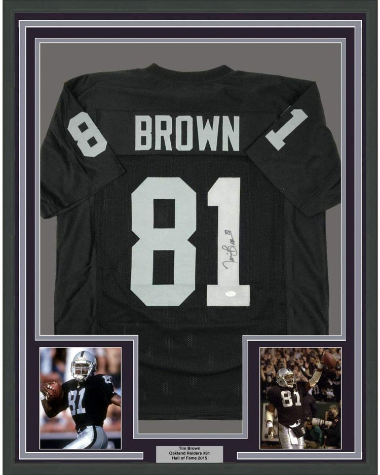 Framed Autographed/Signed Tim Brown 35x39 Oakland Black Football Jersey JSA COA Holo Only