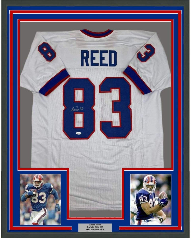 Framed Autographed/Signed Andre Reed 35x39 Buffalo White Football Jersey JSA COA