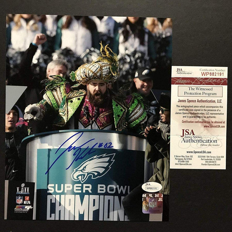 Autographed/Signed Jason Kelce Super Bowl Parade Speech Mummers Philadelphia Eagles 8x10 Football Photo JSA COA