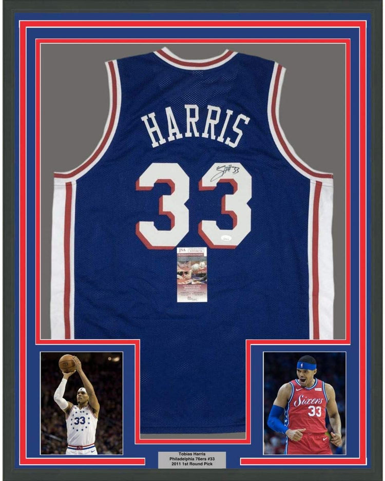 Framed Autographed/Signed Tobias Harris 35x39 Philadelphia Blue Basketball Jersey JSA COA