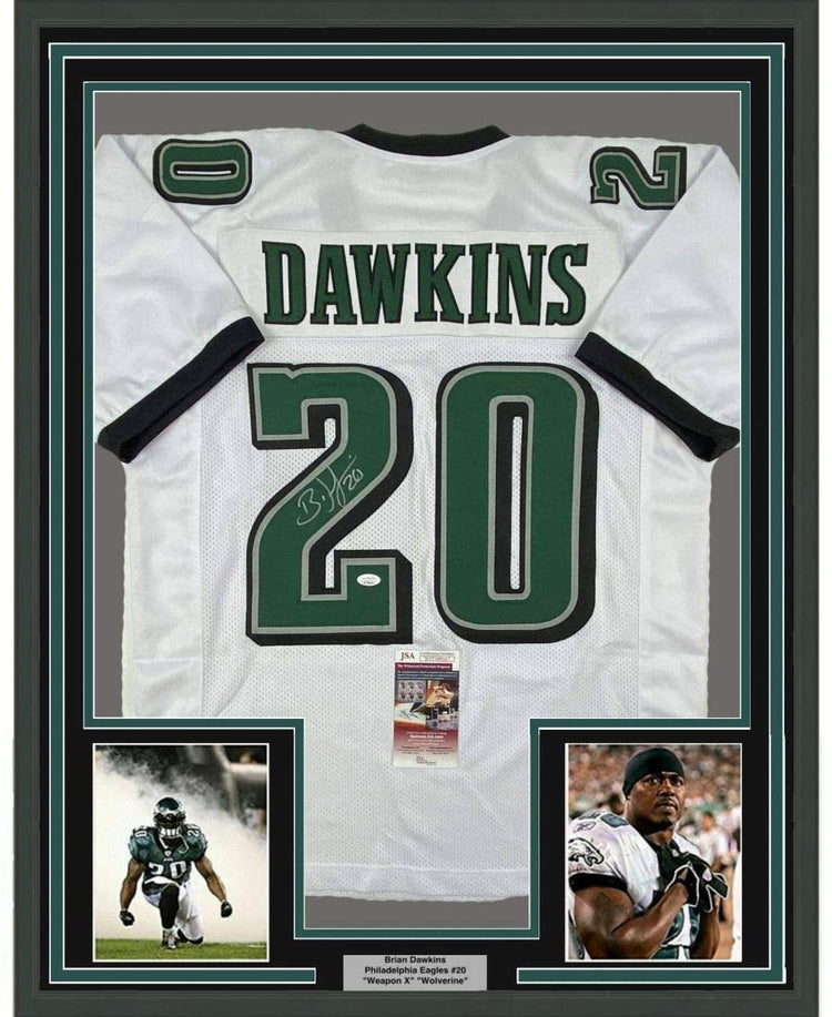 Framed Autographed/Signed Brian Dawkins 35x39 Philadelphia White Football Jersey JSA COA