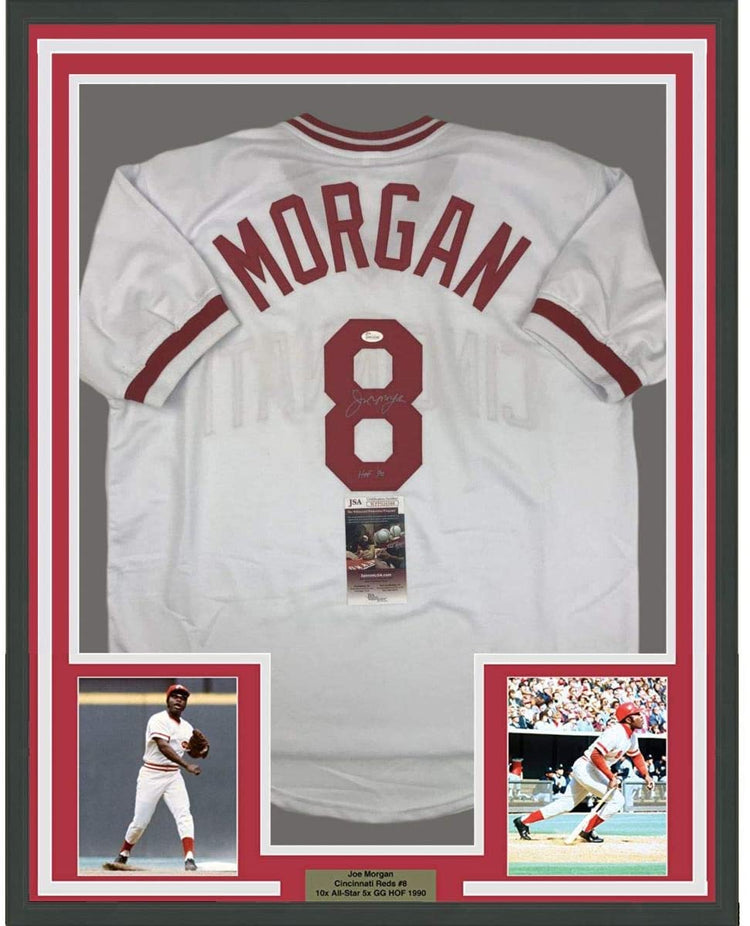 Framed Autographed/Signed Joe Morgan HOF 90 35x39 Cincinnati White Baseball Jersey JSA COA