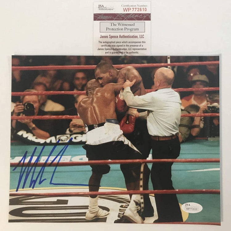 Autographed/Signed Mike Tyson Closeup Evander Holyfield Bite Biting Boxing 8x10 Photo JSA COA