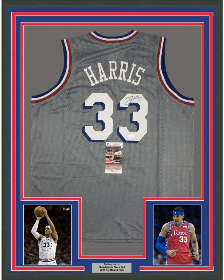 Framed Autographed/Signed Tobias Harris 35x39 Philadelphia Grey Basketball Jersey JSA COA