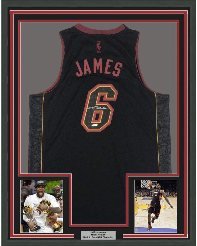 Framed Autographed/Signed LeBron James 35x39 Miami Heat Black Limited Edition Basketball Jersey Upper Deck UDA COA