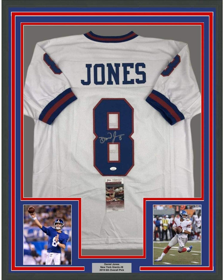 Framed Autographed/Signed Daniel Jones 35x39 New York Color Rush Football Jersey JSA COA