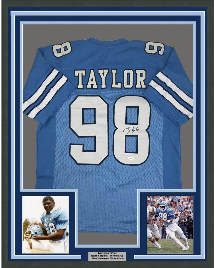 Framed Autographed/Signed Lawrence Taylor 35x39 North Carolina Blue College Football Jersey JSA COA Holo Only