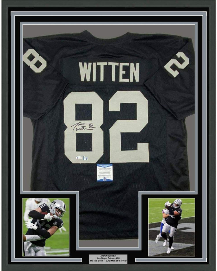 Framed Autographed/Signed Jason Witten 35x39 Las Vegas Oakland Black Football Jersey Beckett BAS COA