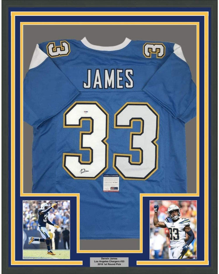 Framed Autographed/Signed Derwin James 35x39 Los Angeles LA Powder Blue Football Jersey PSA/DNA COA
