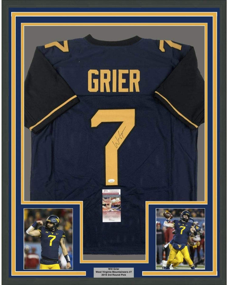 Framed Autographed/Signed Will Grier 35x39 West Virginia Blue College Football Jersey JSA COA