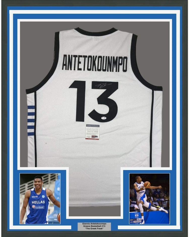 Framed Autographed/Signed Giannis Antetokounmpo 35x39 Greek Greece White Basketball Jersey PSA/DNA COA