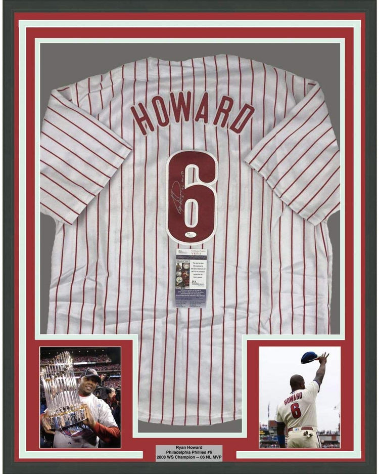 Framed Autographed/Signed Ryan Howard 06 MVP 35x39 Philadelphia Pinstripe Baseball Jersey JSA COA
