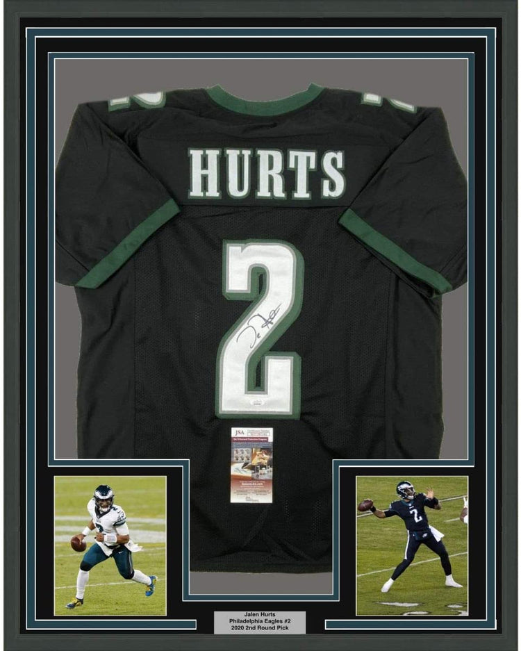 Framed Autographed/Signed Jalen Hurts 35x39 Philadelphia Black Football Jersey JSA COA