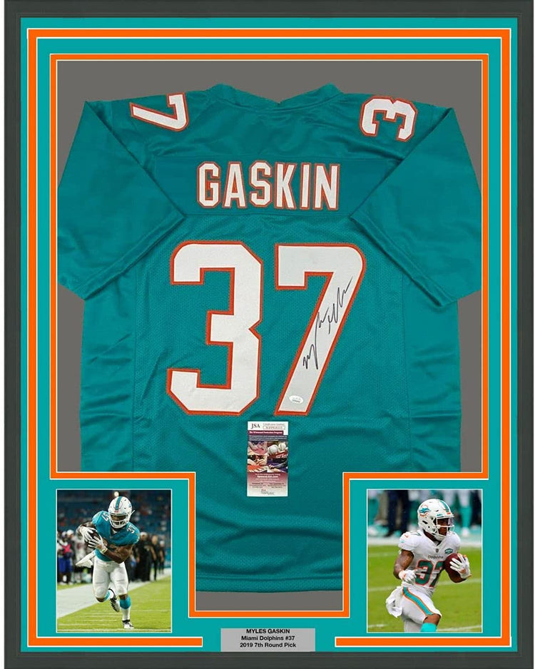 Framed Autographed/Signed Myles Gaskin 35x39 Miami Teal Football Jersey JSA COA