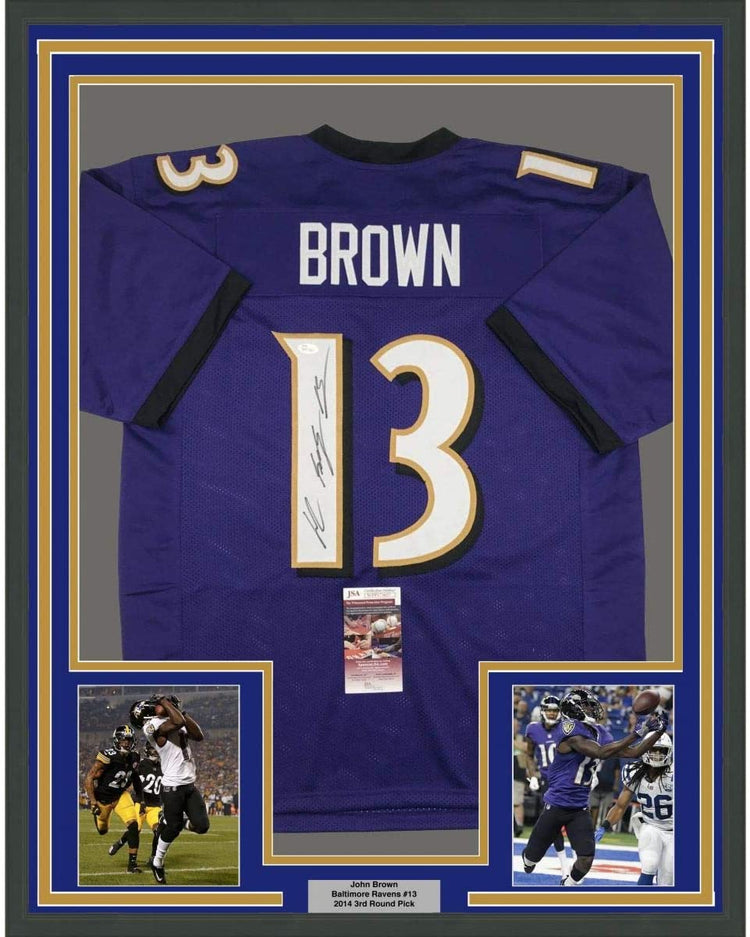 Framed Autographed/Signed John Brown 35x39 Baltimore Purple Football Jersey JSA COA