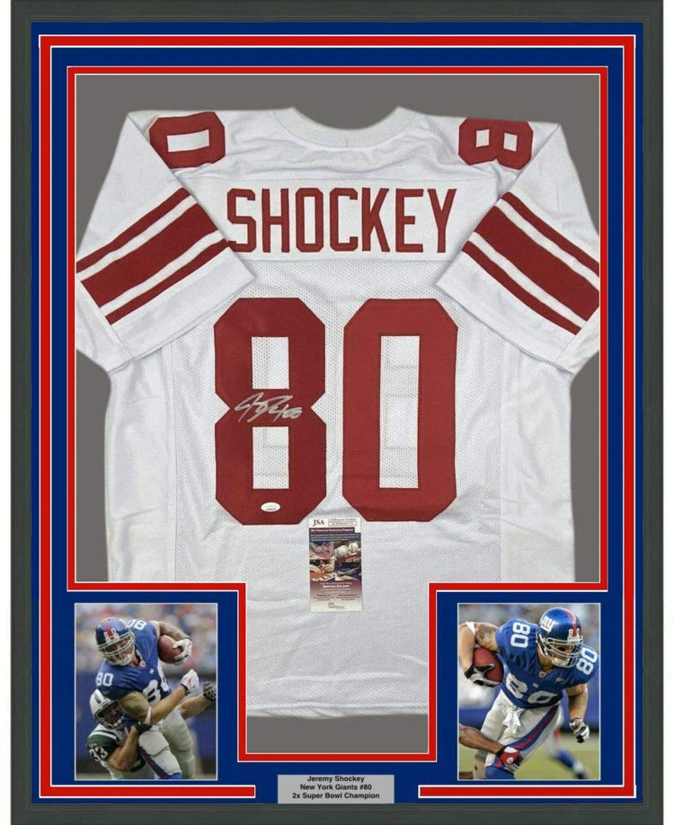 Framed Autographed/Signed Jeremy Shockey 35x39 New York White Football Jersey JSA COA