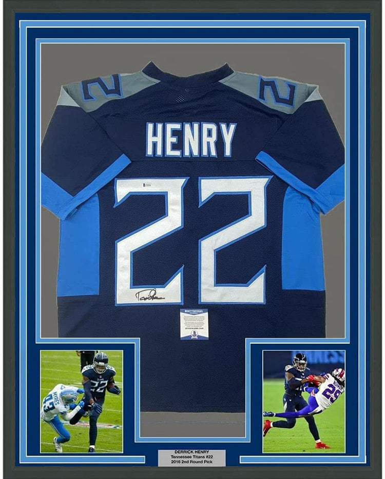 Framed Autographed/Signed Derrick Henry 35x39 Tennessee Dark Blue Football Jersey Beckett BAS COA