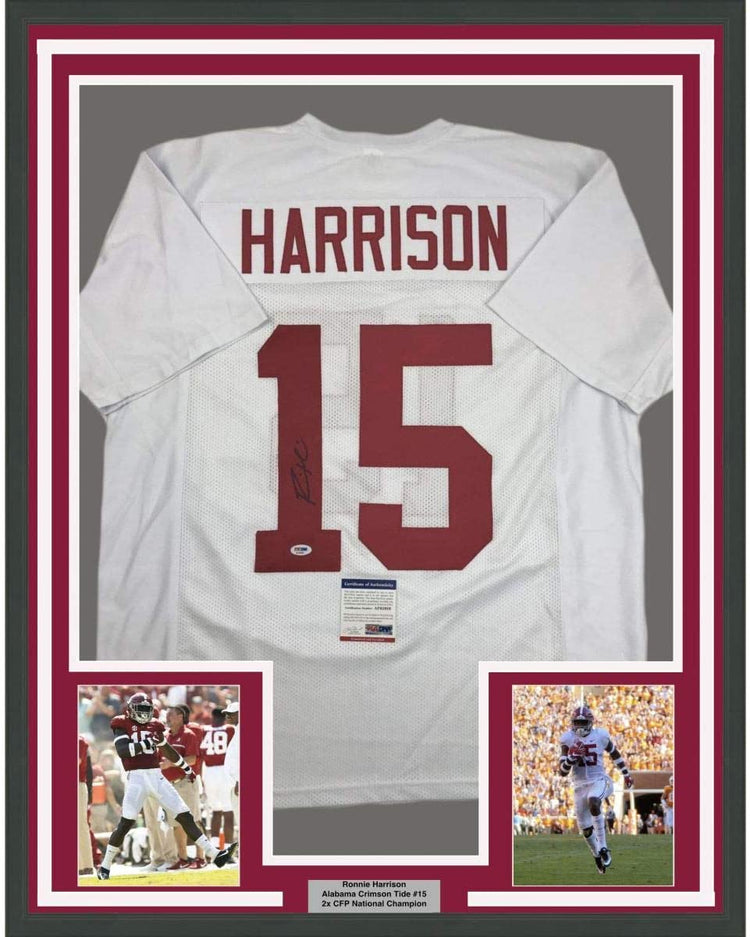 Framed Autographed/Signed Ronnie Harrison 35x39 Alabama White College Football Jersey PSA/DNA COA