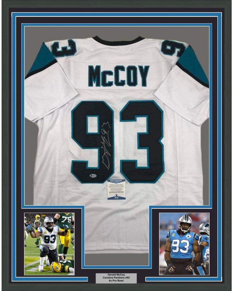 Framed Autographed/Signed Gerald McCoy 35x39 Carolina White Football Jersey Beckett BAS COA