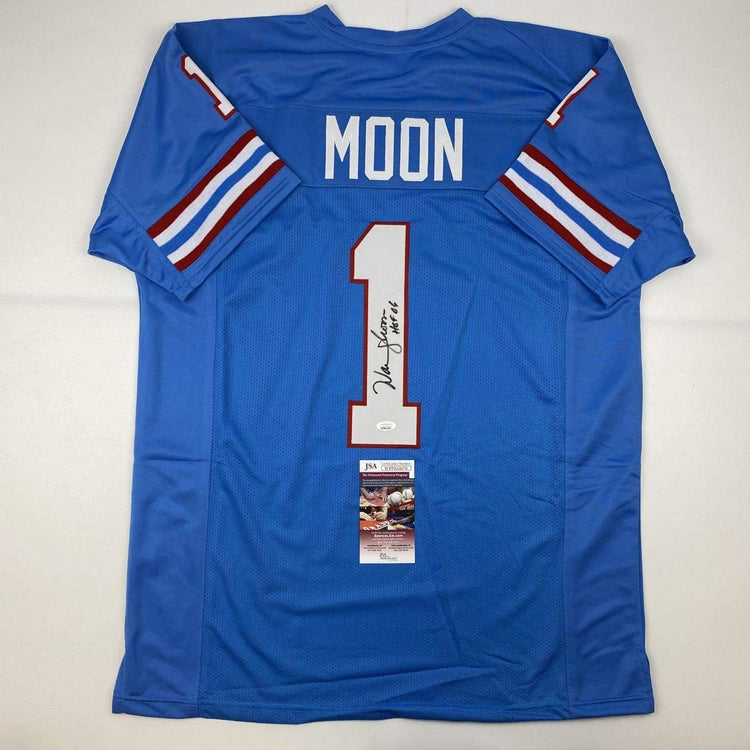 Autographed/Signed Warren Moon HOF 06 Houston Blue Football Jersey JSA COA