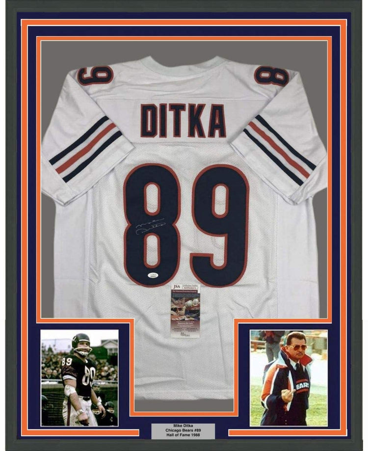 Framed Autographed/Signed Mike Ditka 35x39 Chicago White Football Jersey JSA COA