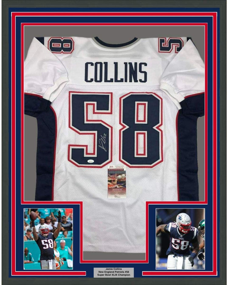 Framed Autographed/Signed Jamie Collins 35x39 New England White Football Jersey JSA COA