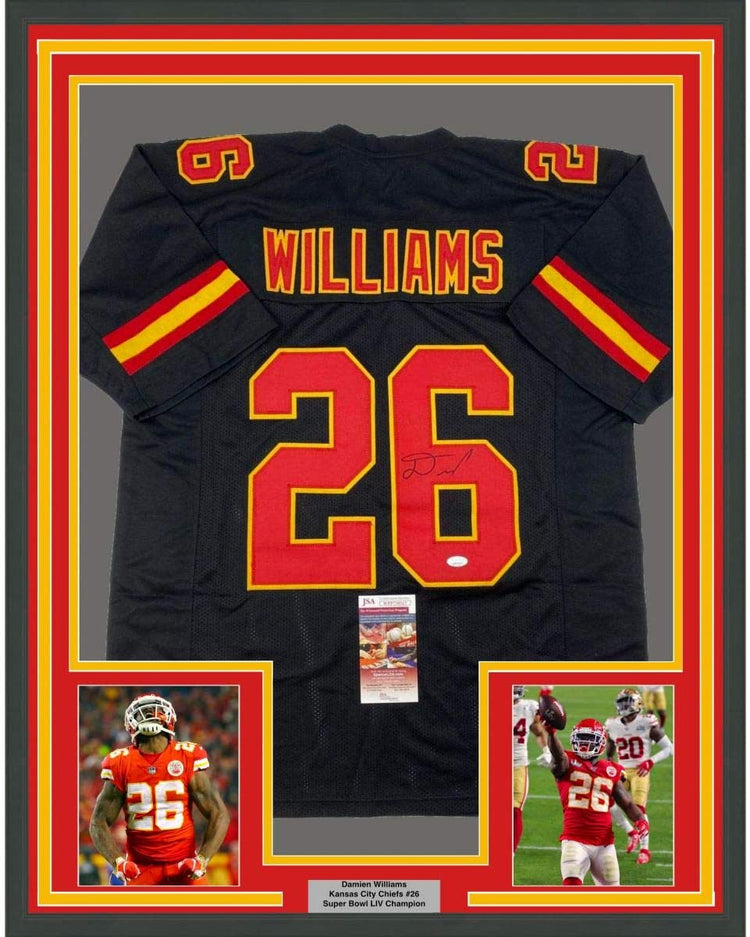 Framed Autographed/Signed Damien Williams 35x39 Kansas City Black Football Jersey JSA COA