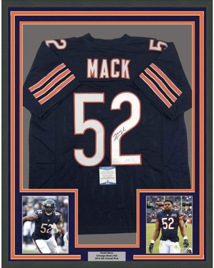Framed Autographed/Signed Khalil Mack 35x39 Chicago Blue Football Jersey Beckett BAS COA