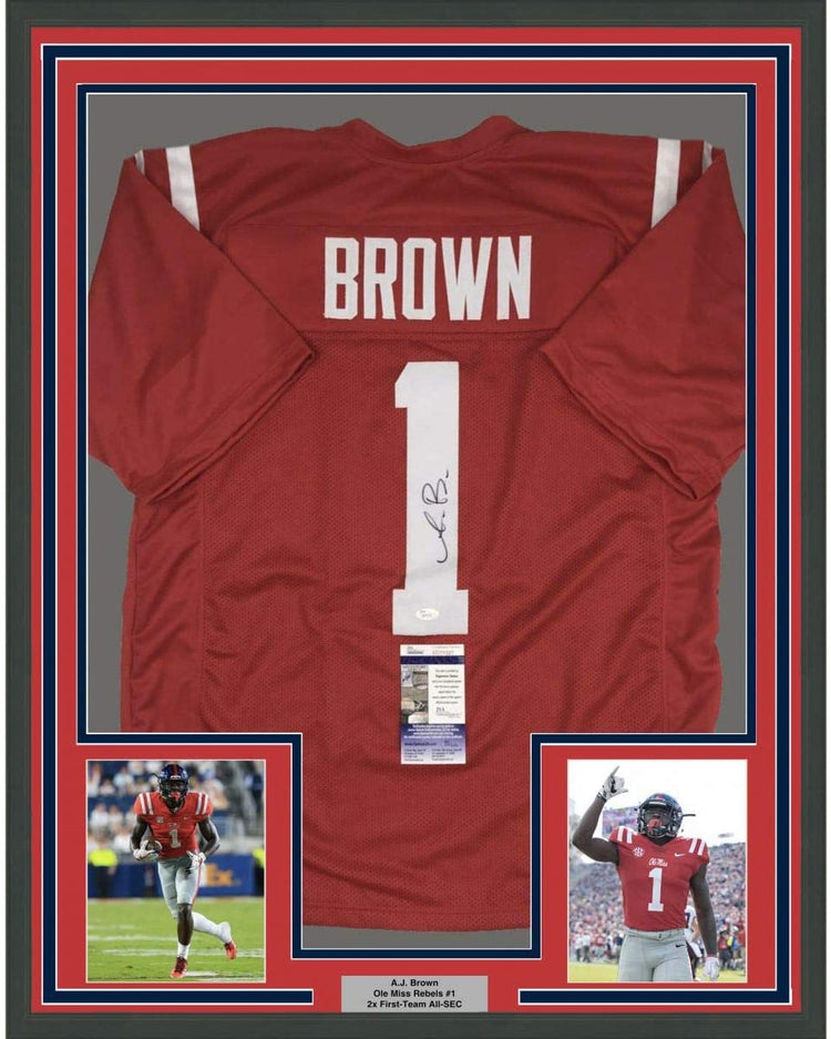 Framed Autographed/Signed AJ A.J. Brown 35x39 Ole Miss Red College Football Jersey JSA COA