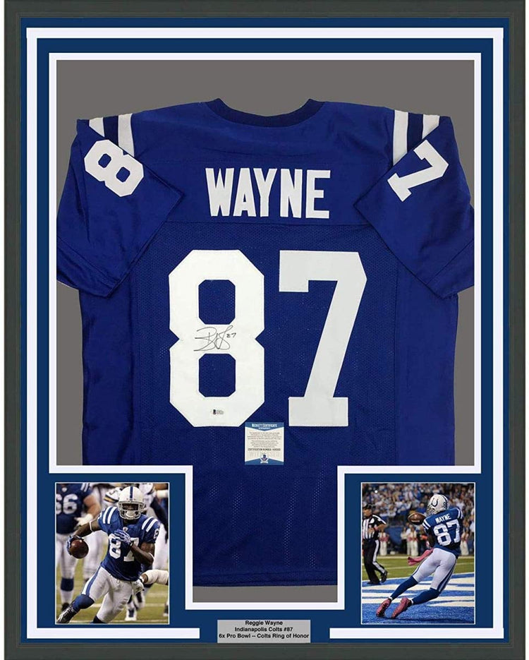 Framed Autographed/Signed Reggie Wayne 35x39 Indianapolis Colts Blue Football Jersey Beckett BAS COA