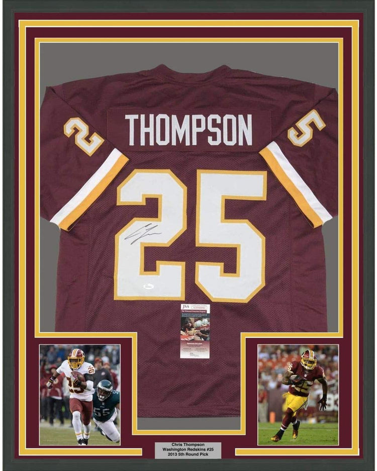 Framed Autographed/Signed Chris Thompson 35x39 Washington Burgundy Football Jersey JSA COA