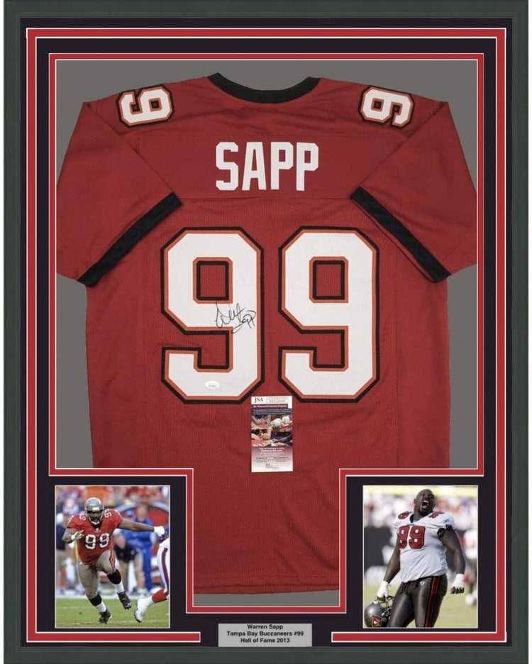 Framed Autographed/Signed Warren Sapp 35x39 Tampa Bay Red Football Jersey JSA COA